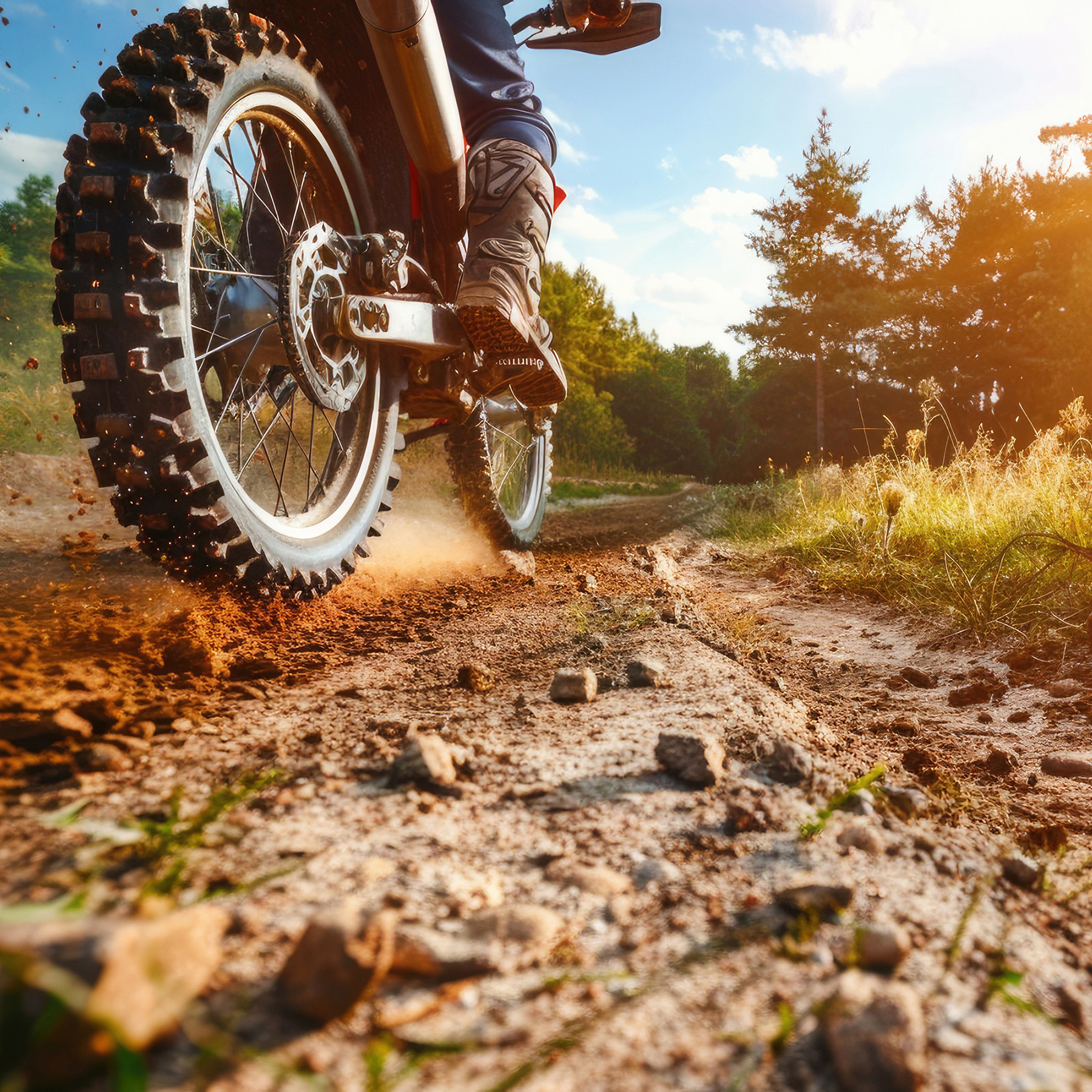 Motorcyclist rides off-road bike on dirt path, sunny day